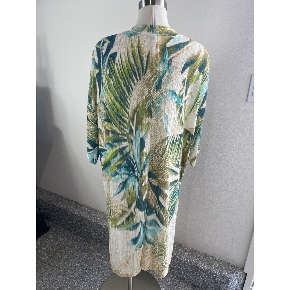 Chicos‎ Medium Tropical Palm Long Kimono Cardigan Green Teal Short Sleeve - Picture 8 of 9